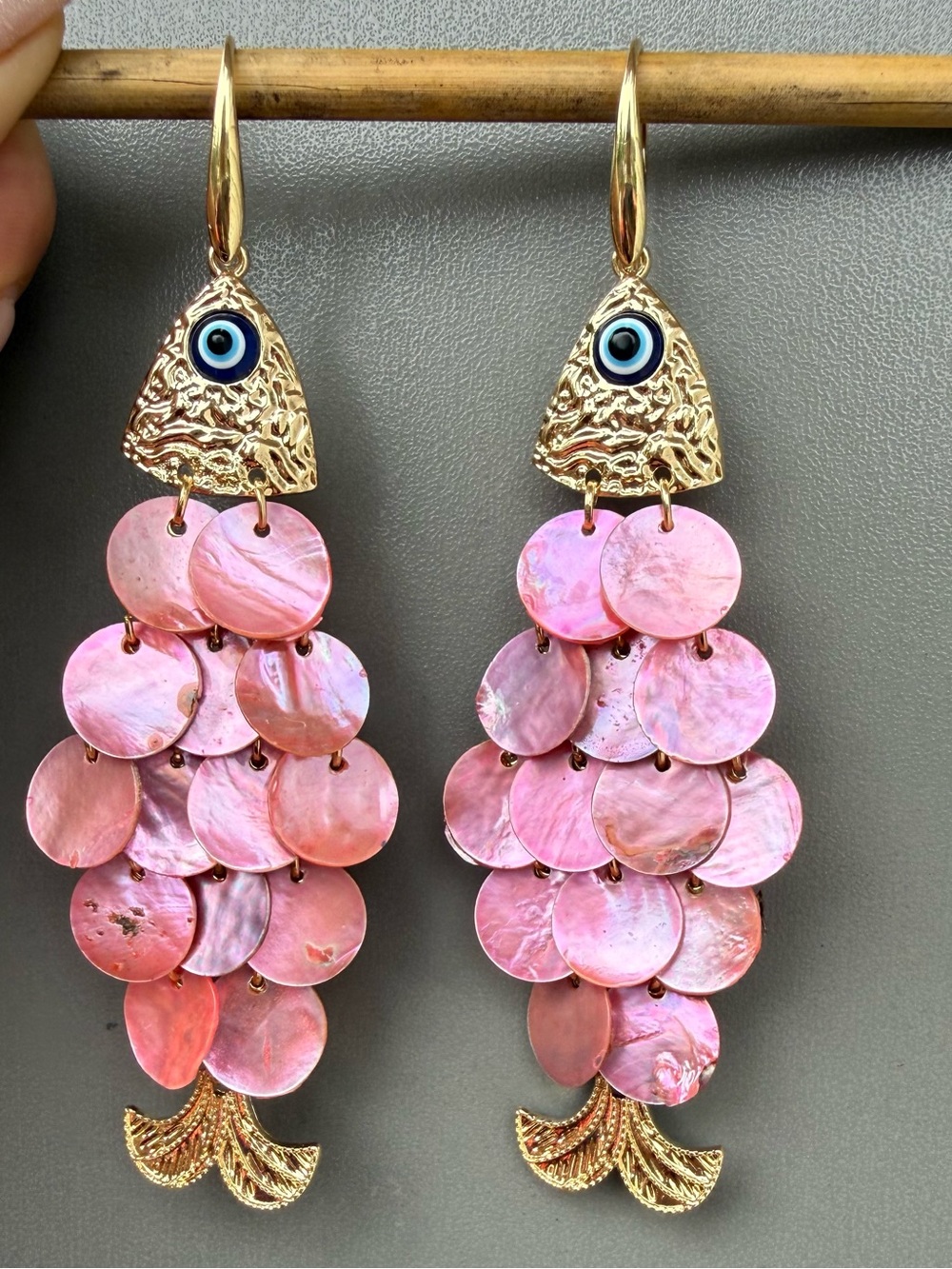Pink Fish Earrings Evil Eye Statement Coastal Jewelry - Picture 3 of 5